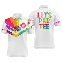 Load image into Gallery viewer, Mens golf polo shirt watercolor Canadian flag patriot golf custom name Let’s Par Tee white golf shirt NQS5425