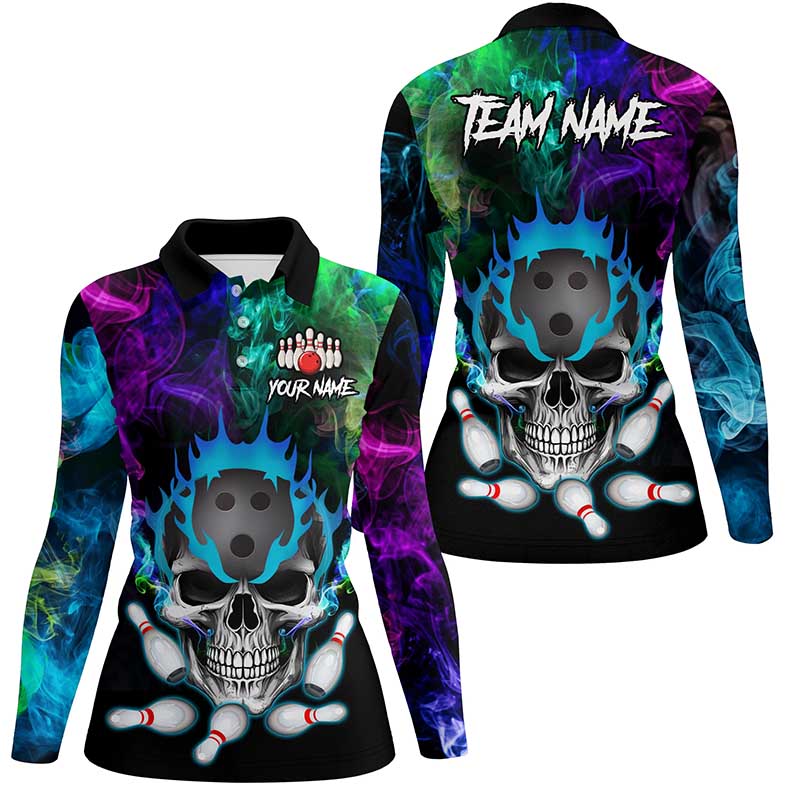Colorful smoke Skull bowling Polo, Quarter Zip shirt for Women Custom Team bowling League jerseys NQS8015