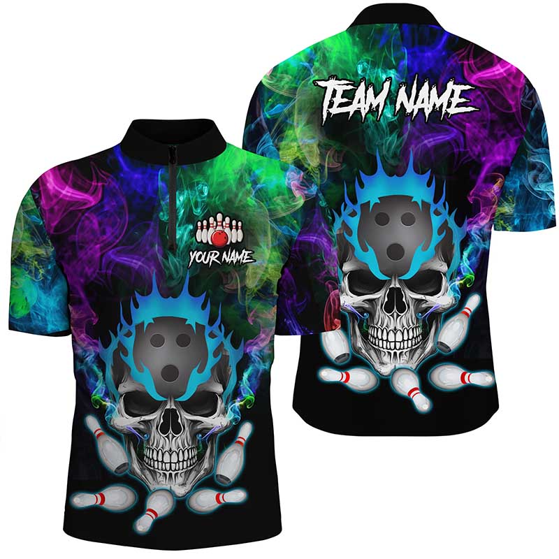 Colorful smoke Skull bowling Polo, Quarter Zip shirt for men Custom Team bowling League jerseys NQS8015
