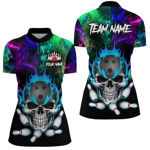 Colorful smoke Skull bowling Polo, Quarter Zip shirt for Women Custom Team bowling League jerseys NQS8015