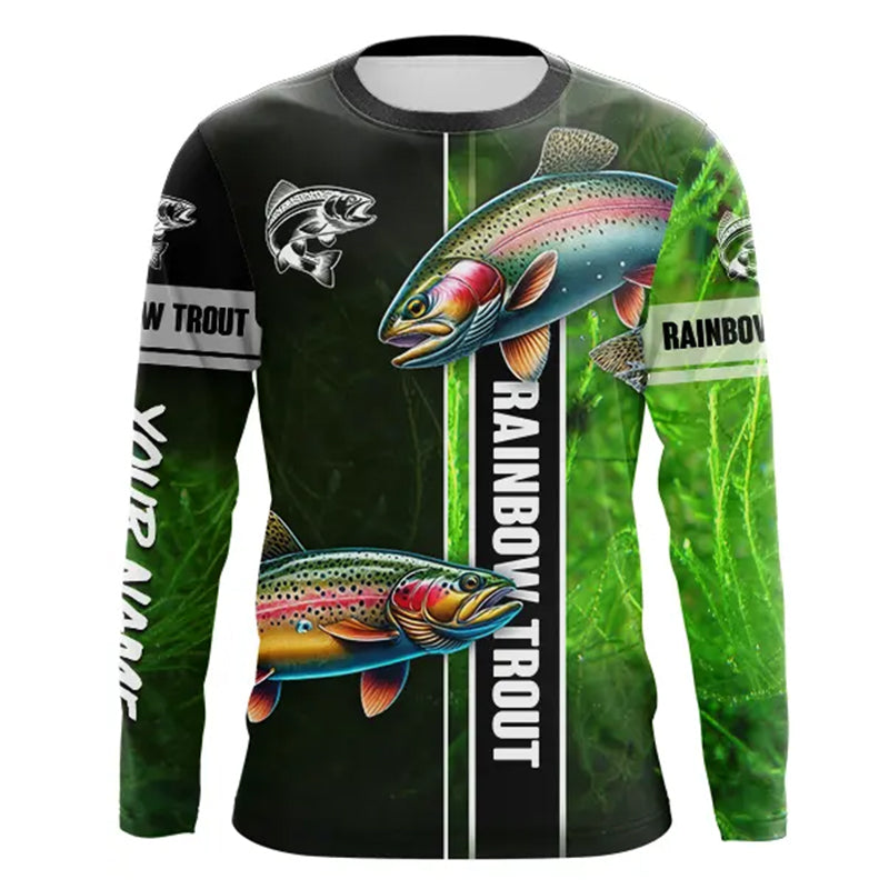 Rainbow trout fishing green shirt Custom name UV Long Sleeve Fishing Shirts, fishing gifts NQS2341