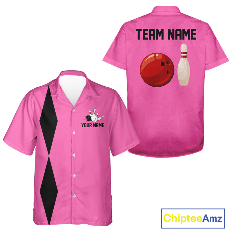 Personalized Retro Bowling hawaiian shirts Custom vintage Team button up shirts | Pink NQS11012
