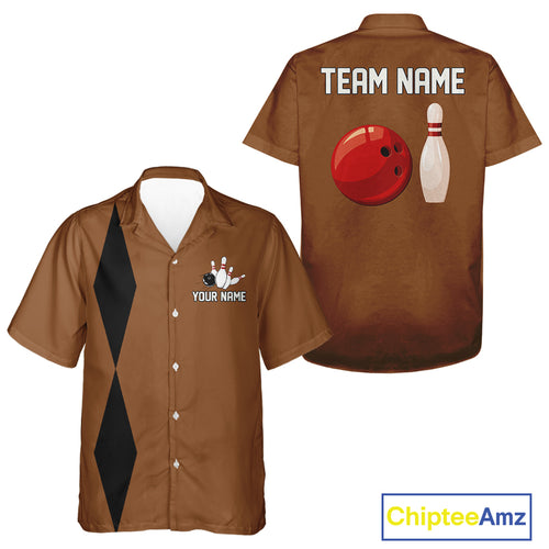 Personalized Retro Bowling Hawaiian shirts Custom vintage Team button up shirts | Brown NQS11016