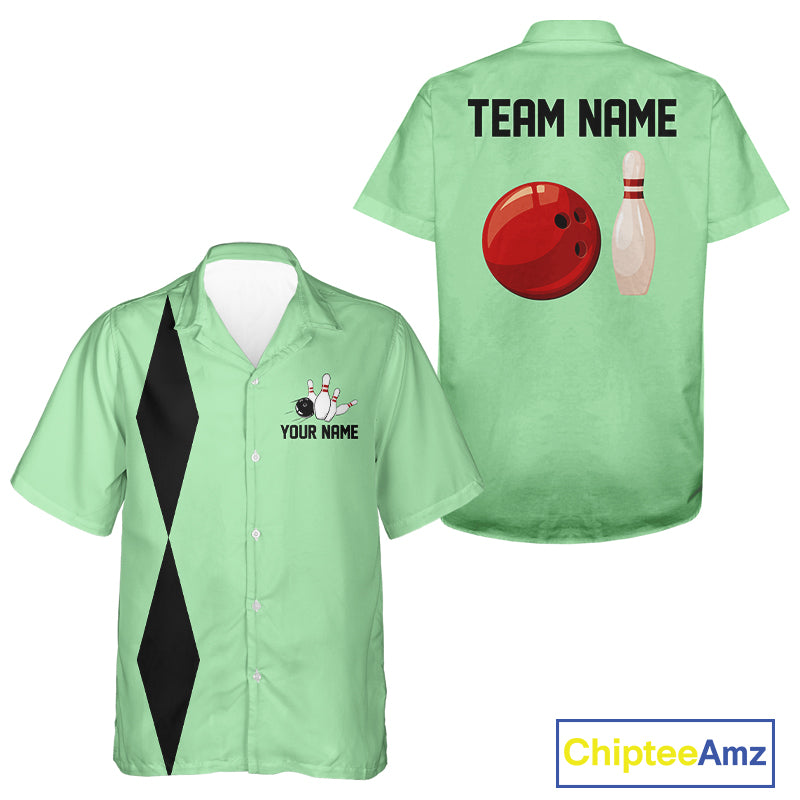 Personalized Retro Bowling Hawaiian shirts Custom vintage Team button up shirts | Mint Green NQS11018