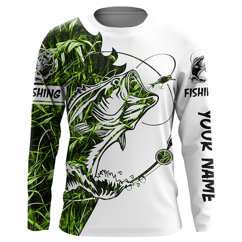 Green camo Largemouth Bass fishing Long Sleeve Custom fishing shirts for men, women, Kid NQSD89