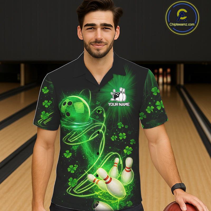 Green shamrock lightning thunder St Patrick's Day button-up bowling shirts custom team bowling jersey NQS11414