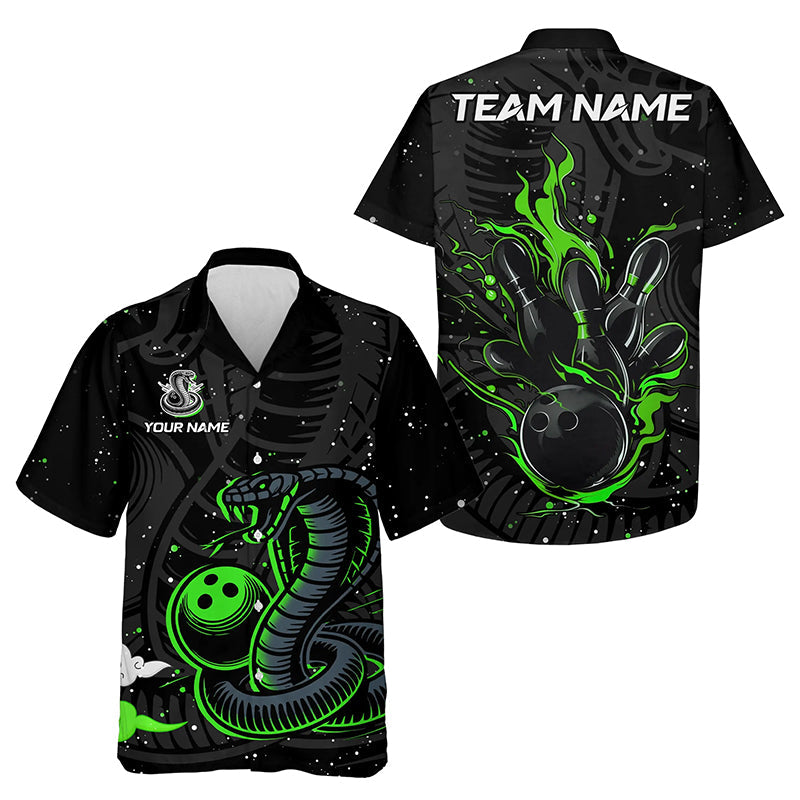 Black and Green Cobra Snake Bowling Hawaiian Shirt Custom Name Bowling Team Button up Shirt NQS9655