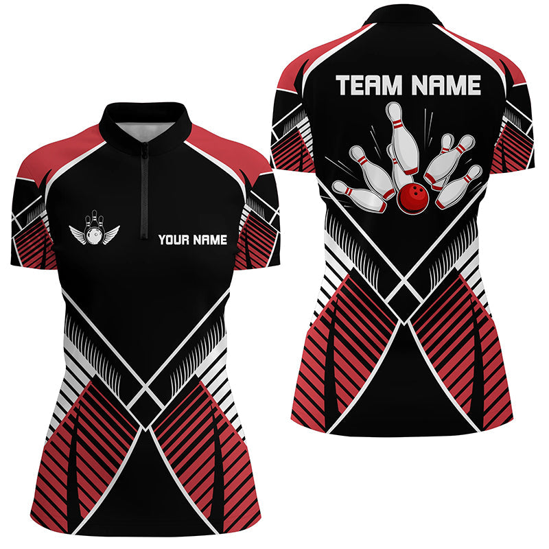 Black and Red Retro Bowling Polo, Quarter Zip shirts for women custom team bowling league jerseys NQS7794