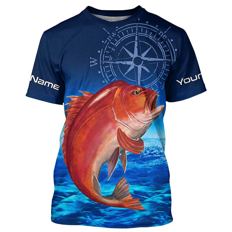Personalized Red snapper Blue Long Sleeve Performance Fishing Shirts, compass tournament Shirts NQS5903