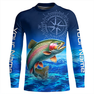 Personalized Rainbow trout Blue Long Sleeve Performance Fishing Shirts, compass tournament Shirts NQS5904