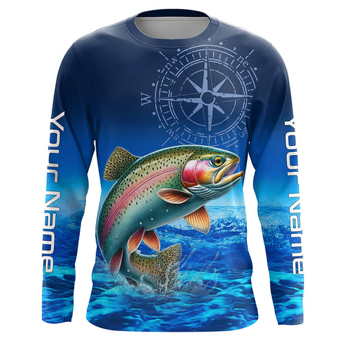 Personalized Rainbow trout Blue Long Sleeve Performance Fishing Shirts, compass tournament Shirts NQS5904