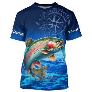 Personalized Rainbow trout Blue Long Sleeve Performance Fishing Shirts, compass tournament Shirts NQS5904