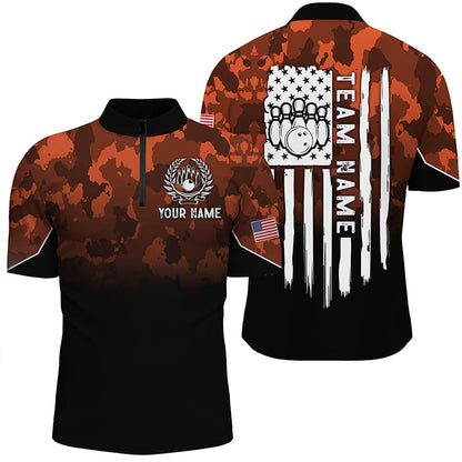 Mens bowling Polo, Quarter zip shirts Custom Orange camo American flag patriotic bowling team jerseys NQS8209