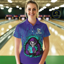 Load image into Gallery viewer, Custom Purple and Blue Flame Skull Reaper Bowling Shirts For Women, Personalized Team Bowling outfits NQS11030
