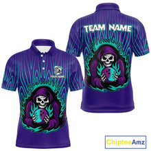 Load image into Gallery viewer, Custom Purple and Blue Flame Skull Reaper Bowling Shirts For Men, Personalized Bowling outfits men NQS11030