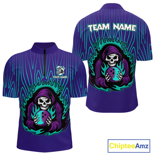 Custom Purple and Blue Flame Skull Reaper Bowling Shirts For Men, Personalized Bowling outfits men NQS11030