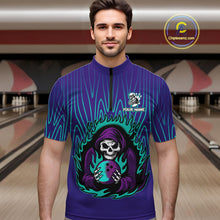 Load image into Gallery viewer, Custom Purple and Blue Flame Skull Reaper Bowling Shirts For Men, Personalized Bowling outfits men NQS11030