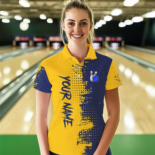 Blue and Yellow Bowling Polo, Quarter Zip shirts for Women Custom Bowling Team Jerseys NQS9354