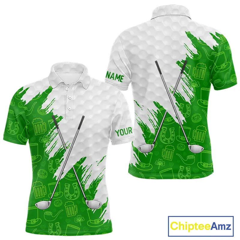 Green and White St Patrick's day pattern custom Mens golf polo shirts, team golf attire for men NQS11422