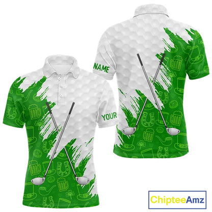 Green and White St Patrick's day pattern custom Mens golf polo shirts, team golf attire for men NQS11422
