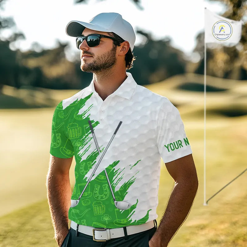 Green and White St Patrick's day pattern custom Mens golf polo shirts, team golf attire for men NQS11422