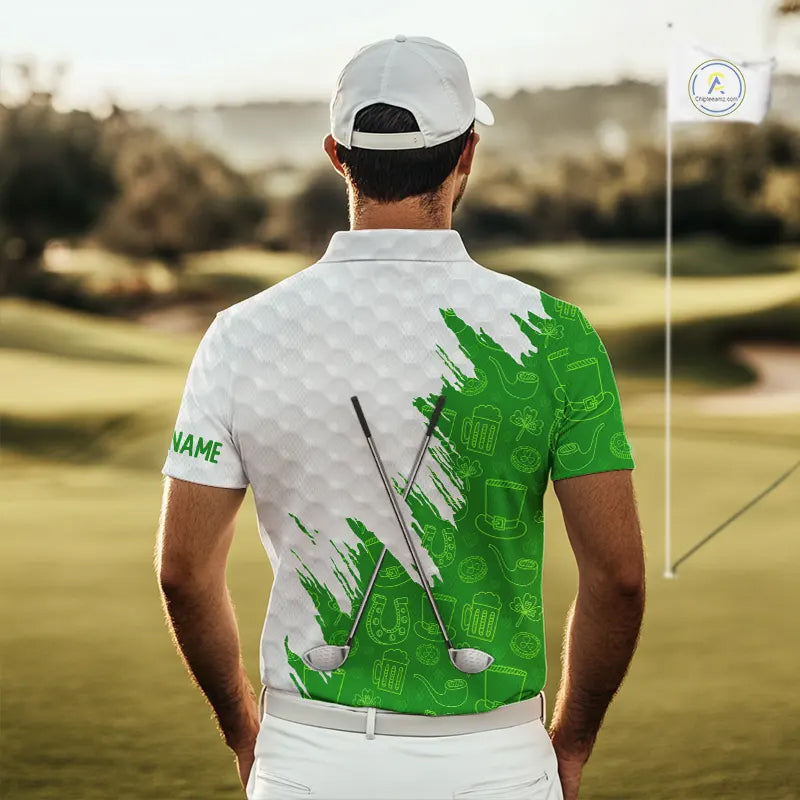 Green and White St Patrick's day pattern custom Mens golf polo shirts, team golf attire for men NQS11422