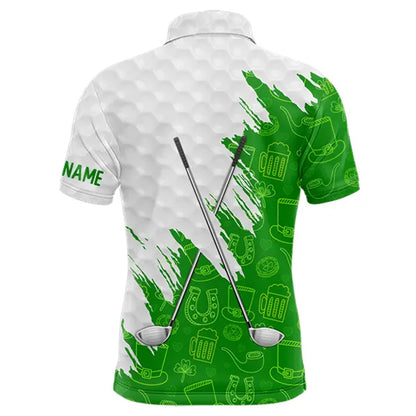 Green and White St Patrick's day pattern custom Mens golf polo shirts, team golf attire for men NQS11422