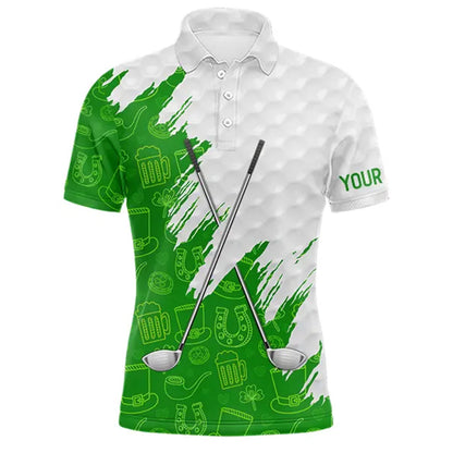 Green and White St Patrick's day pattern custom Mens golf polo shirts, team golf attire for men NQS11422