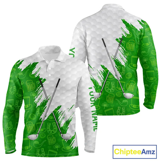 Green and White St Patrick's day pattern custom Mens golf polo shirts, team golf attire for men NQS11422