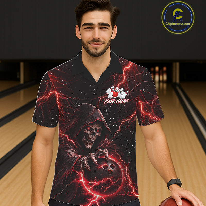 Custom Black And Red Lightning Thunder Skull Reaper Bowling Button-up Shirt, Hawaiian Bowling Jerseys NQS11623