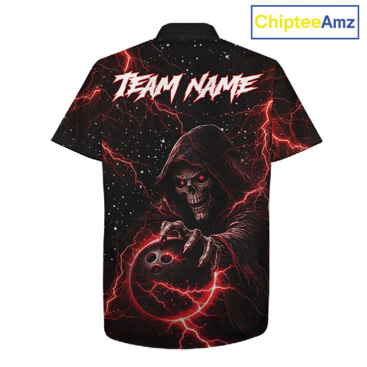 Custom Black And Red Lightning Thunder Skull Reaper Bowling Button-up Shirt, Hawaiian Bowling Jerseys NQS11623