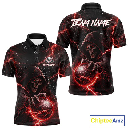 Custom Black And Red Lightning Thunder Skull Reaper Mens Golf Polo Shirt, men's golf apparel NQS11624