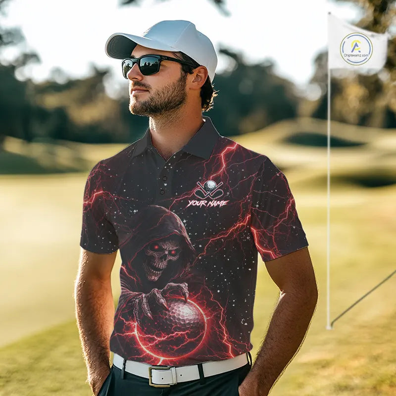 Custom Black And Red Lightning Thunder Skull Reaper Mens Golf Polo Shirt, men's golf apparel NQS11624