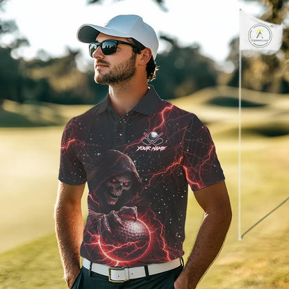 Custom Black And Red Lightning Thunder Skull Reaper Mens Golf Polo Shirt, men's golf apparel NQS11624