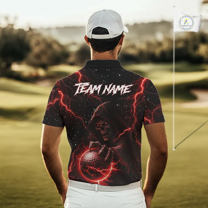 Custom Black And Red Lightning Thunder Skull Reaper Mens Golf Polo Shirt, men's golf apparel NQS11624