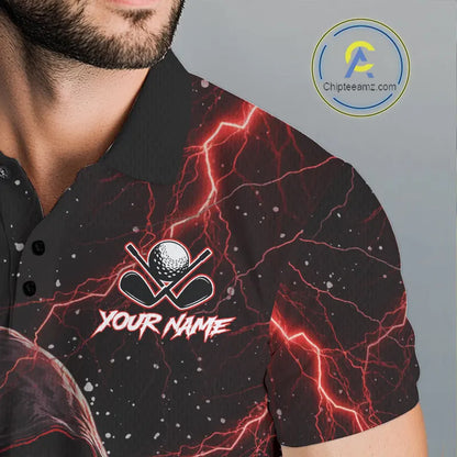Custom Black And Red Lightning Thunder Skull Reaper Mens Golf Polo Shirt, men's golf apparel NQS11624