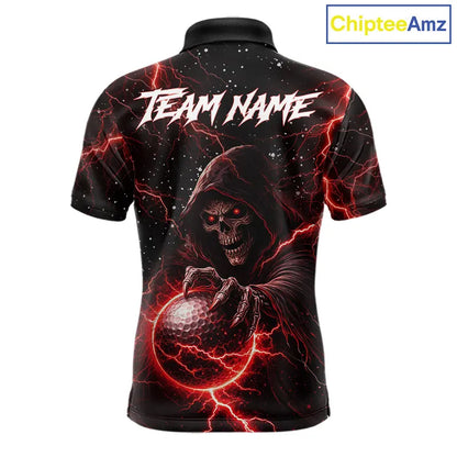 Custom Black And Red Lightning Thunder Skull Reaper Mens Golf Polo Shirt, men's golf apparel NQS11624