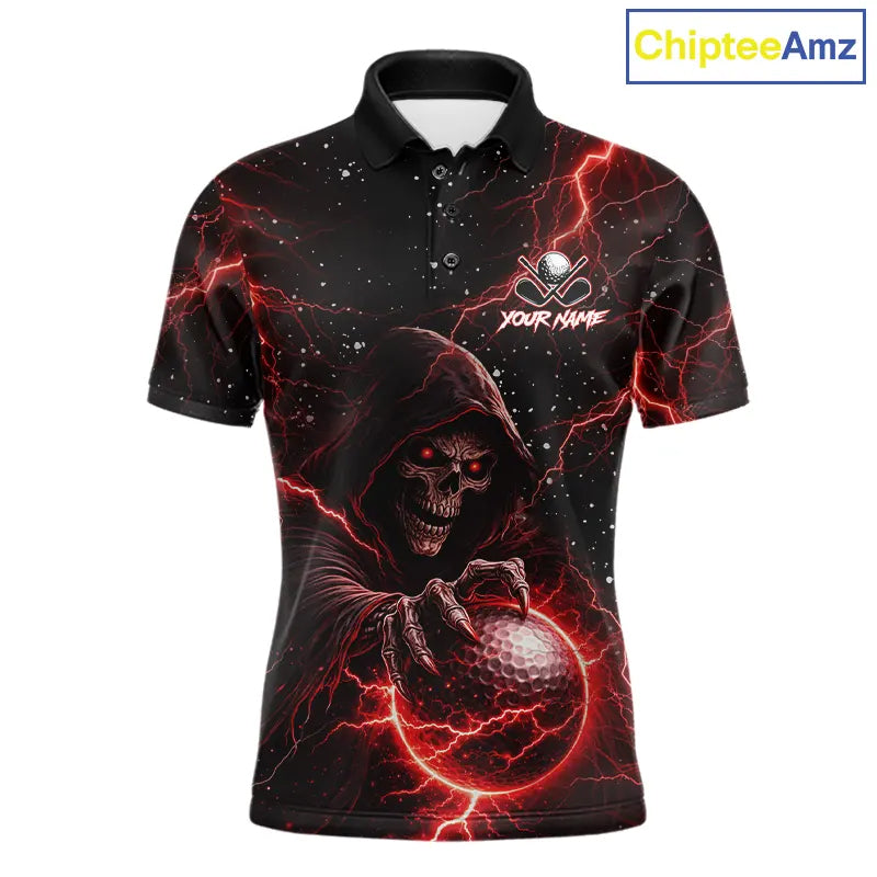 Custom Black And Red Lightning Thunder Skull Reaper Mens Golf Polo Shirt, men's golf apparel NQS11624