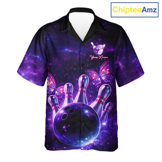 Custom Purple Galaxy Butterfly Bowling Button-up Shirt, Hawaiian Bowling Team Jersey With Butterflies NQS11627