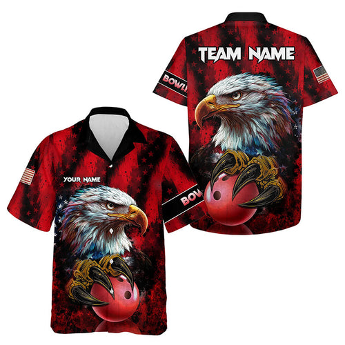 American Flag Eagle Bowling Hawaiian Shirt Custom Name Patriotic Bowling Team Button up Shirt NQS9660