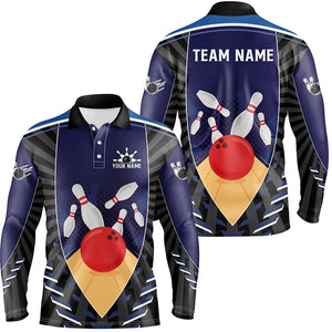 Blue Bowling Polo, Quarter Zip shirts for men custom retro bowling ball and pins team bowling jerseys NQS7796