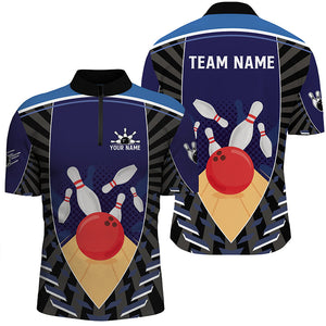 Blue Bowling Polo, Quarter Zip shirts for men custom retro bowling ball and pins team bowling jerseys NQS7796
