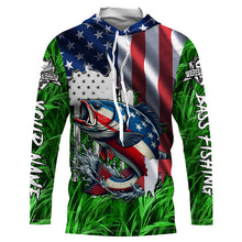 Load image into Gallery viewer, American flag patriotic Largemouth Bass green camo fishing, custom long sleeve sun protection shirts NQS1132