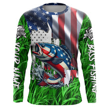 Load image into Gallery viewer, American flag patriotic Largemouth Bass green camo fishing, custom long sleeve sun protection shirts NQS1132