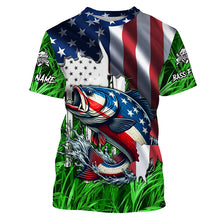 Load image into Gallery viewer, American flag patriotic Largemouth Bass green camo fishing, custom long sleeve sun protection shirts NQS1132