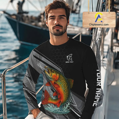 Personalized Black camo Brook Trout Fishing Jersey, Brook Trout Long Sleeve Fishing Tournament Shirts NQS11033