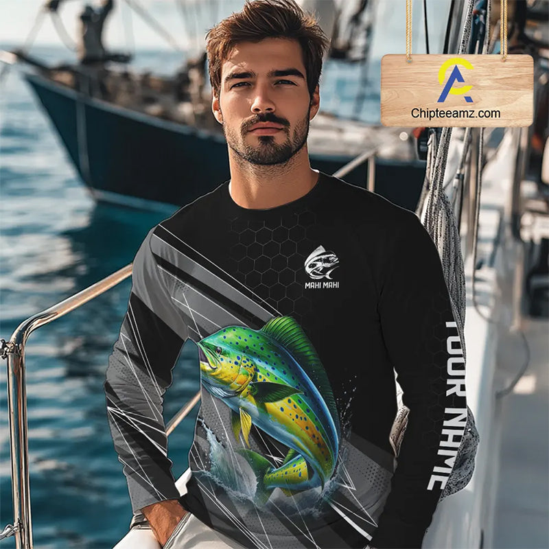 Personalized Black camo Mahi mahi Fishing Jersey, Dorado Long Sleeve Fishing Tournament Shirts NQS11034