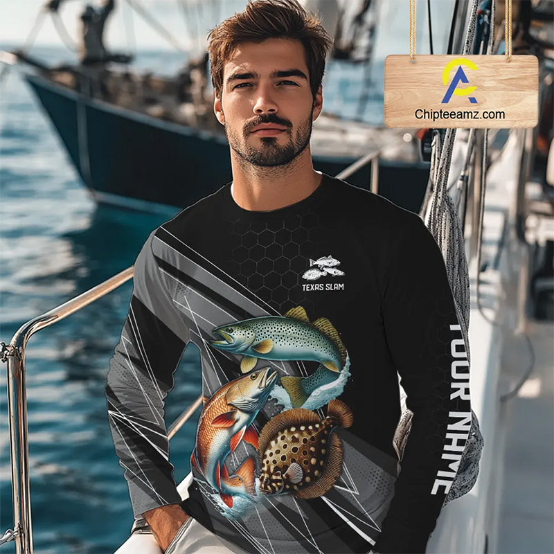 Personalized Black camo Inshore Slam Redfish, Trout, Flounder Fishing Jersey Fishing Tournament Shirt NQS11036