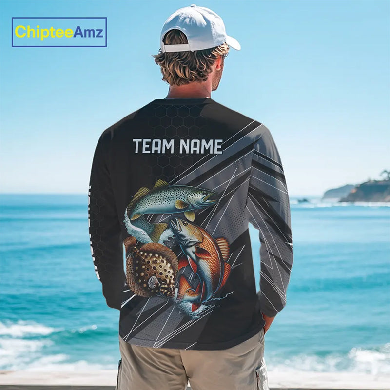Personalized Black camo Inshore Slam Redfish, Trout, Flounder Fishing Jersey Fishing Tournament Shirt NQS11036