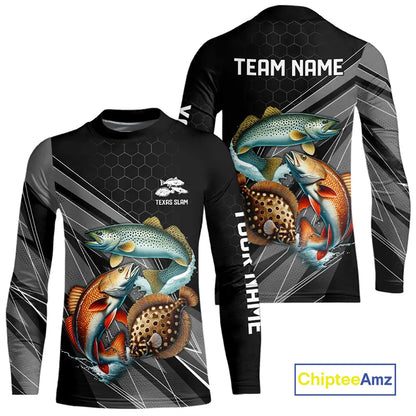 Personalized Black camo Inshore Slam Redfish, Trout, Flounder Fishing Jersey Fishing Tournament Shirt NQS11036